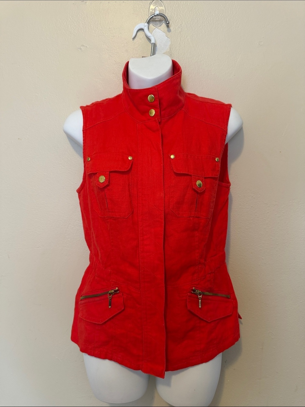 Red Women's Utility Vest Jacket - Sleeveless Zip & Snap Front